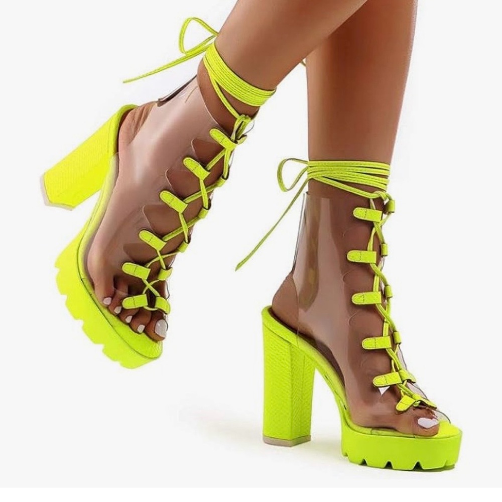 Neon Green Transparent Jelly Platform Lace-Up “Gladiator” Sandals NWT Size 37